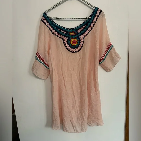 Beach By Exist Peach Embroidered Tunic with Multicolor Crochet Trim - Picture 1 of 5